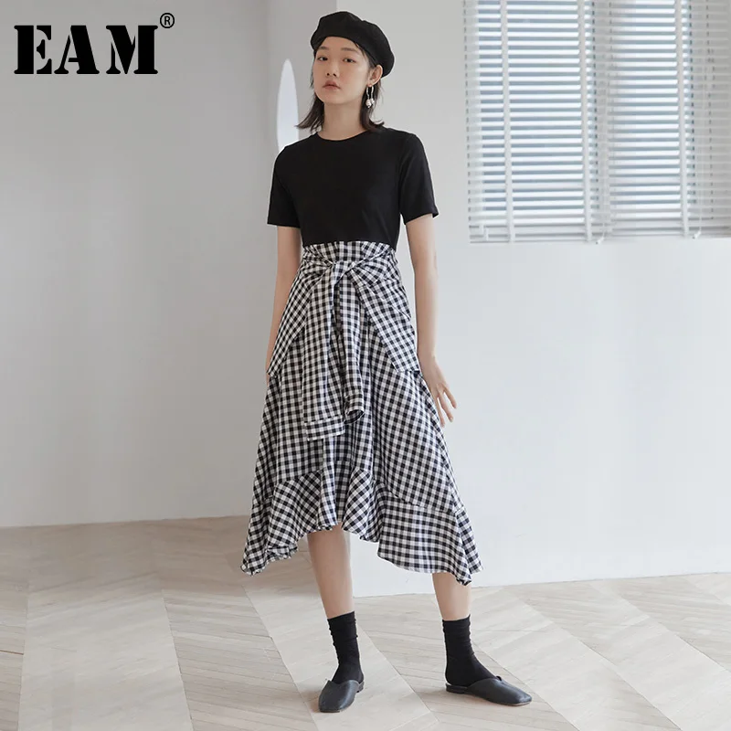

[EAM] 2019 New Spring Summer Round Neck Short Sleeve Black Plaid Printed Hem Bandage Personality Dress Women Fashion Tide JS786
