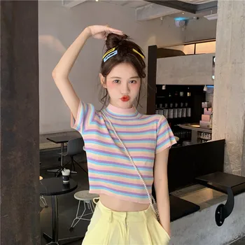 

Focal20 Sweet Rainbow Stripe Knitted Female T Shirts T-shirt Color Block Crew Neck Short Sleeve Elastic Slim Women T-shirts