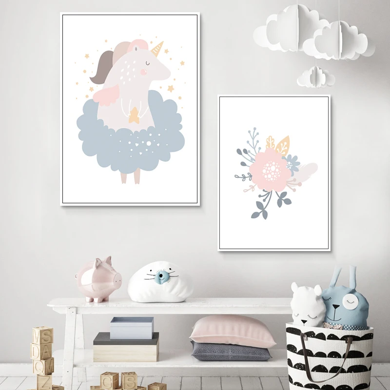 

Wall Art Unicorn Nursery Poster Cartoon Canvas Painting Floral Picture Nordic Baby Kids Bedroom Decoration Living Room Decor