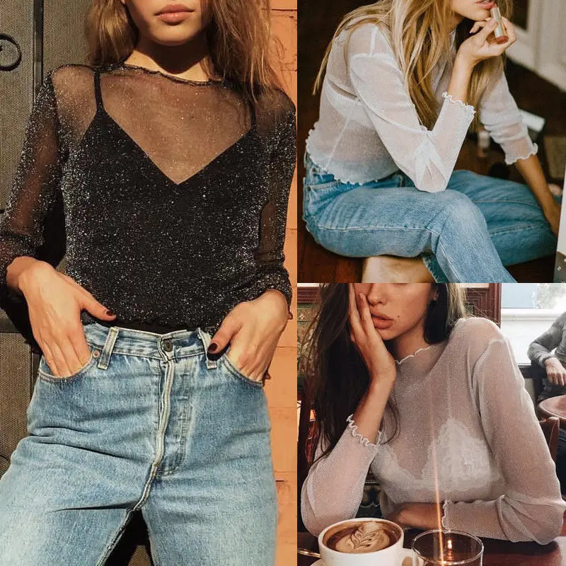 

Summer Mesh Top Transparent Bling Solid Casual Slim Thin T Shirt Ladies Fashion Long Sleeve Shirt Women S M L XL