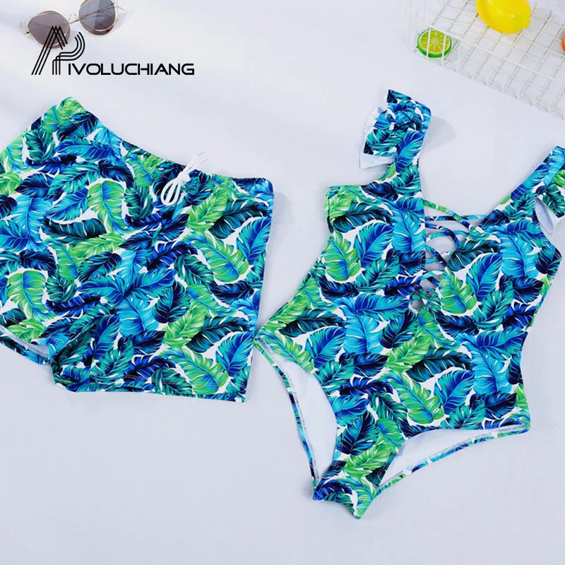 

2019 Palm Leaf Short Couple Swimwear Trunks Swimsuit Swimming Shorts Women Board Shorts Lovers Men Beach Surf Couple Swimsuits
