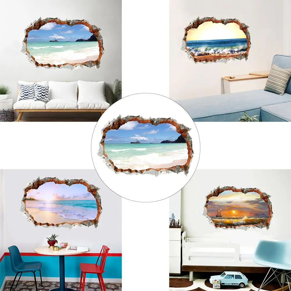 3D эффект пробить через стену стикер морской океан переводная картинка с пляжем декор гостиной
