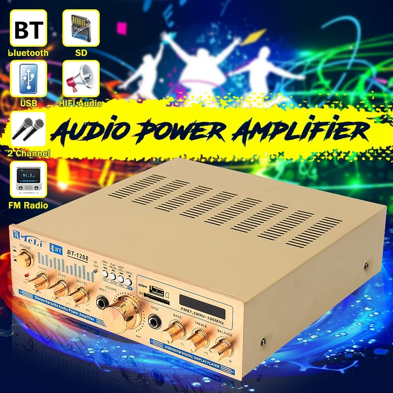 2*100w 12V/220V Equalizer bluetooth Home Stereo Power Amplifier USB Car