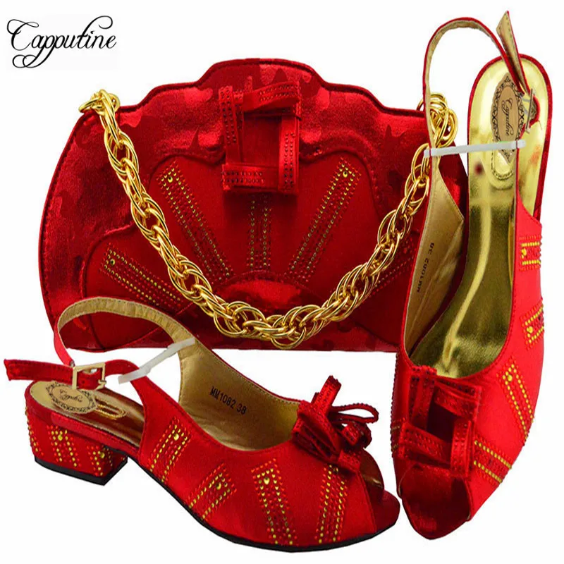 

Capputine Hot Sale Woman Red Color Party Shoes And Bag Set Italian Summer Square Heels Shoes And Bag Set For Wedding On Stock