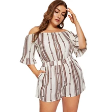 Wipalo для женщин; большие размеры 5XL Лодка воротник короткий комбинезон оборками отделкой с открытыми плечами повседневное Playsuit дамы летн