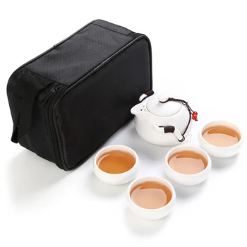 

Portable Travel Tea Set Porcelain Kung Fu Tea Ware with a Teapot & 4 Teacups & Travel Bag - White