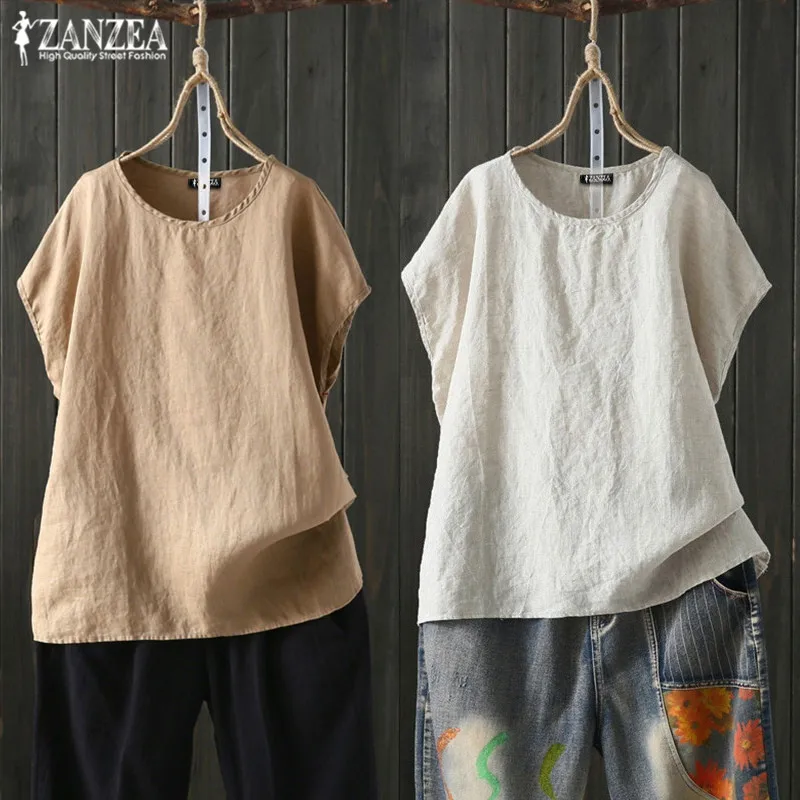 

Plus Size Tee Shirts Women's Linen Blouse ZANZEA 2019 Kaftan Summer Short Sleeve Shirts Female O Neck Split Blusas Tunic Tops