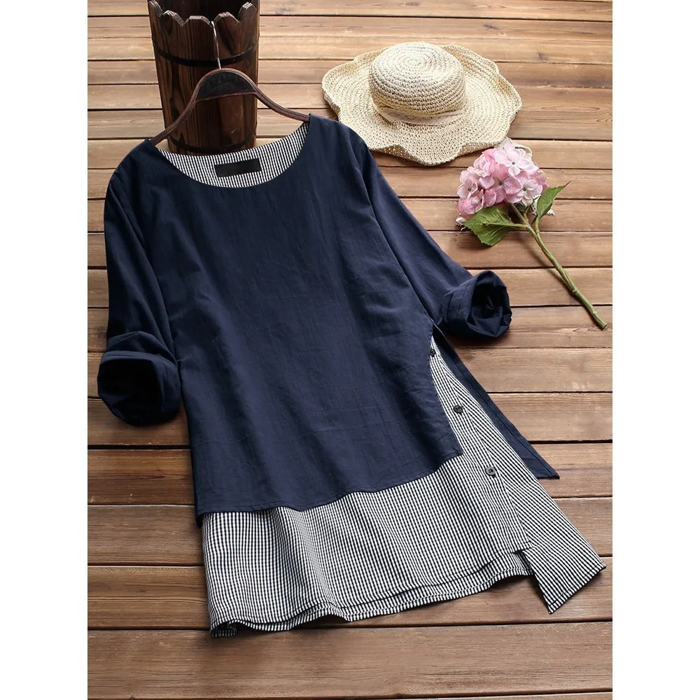 

Cotton Linen Retro Dresses Casual Solid O Neck Mock Two Pieces Plus Size Dress Loose Button Spring Female Clothes Sukienkis