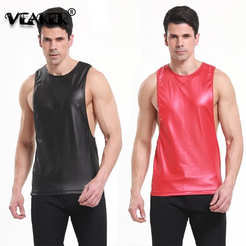 

2019 Red Leather Vest Jacket Men's Slim Solid Color Tight Elastic Sexy Leather Male Gym Vest New Club Stage Clothing Tank Vests