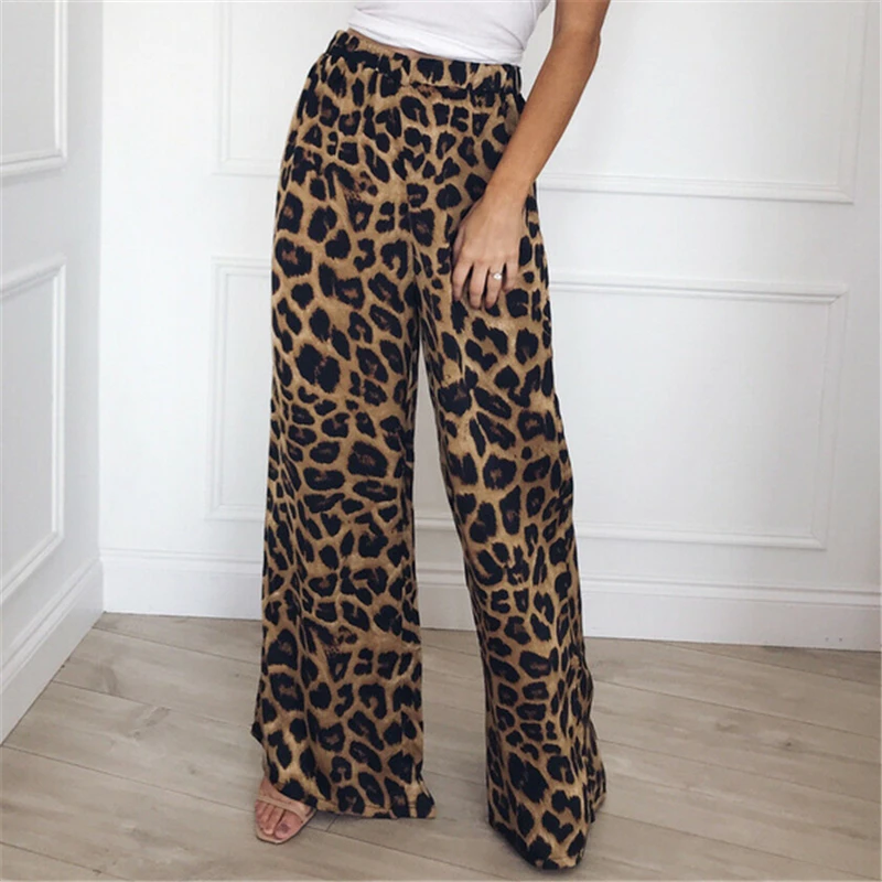 

Trend Modern Lady Casual Leopard Print Wide Leg Mid Waist Loose Pants Summer OL Office Women Workwear Women Trousers 2019
