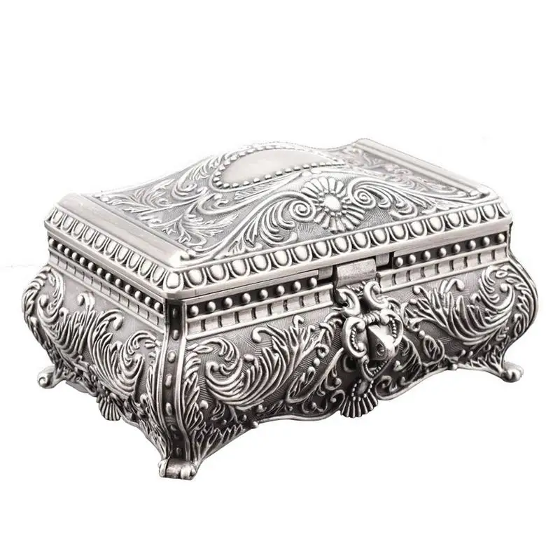 

Retro European Queen Treasure Box Princess Jewelry Storage Box Alloy Metal Carving Cosmetics Organizer With Lock Home Decoration