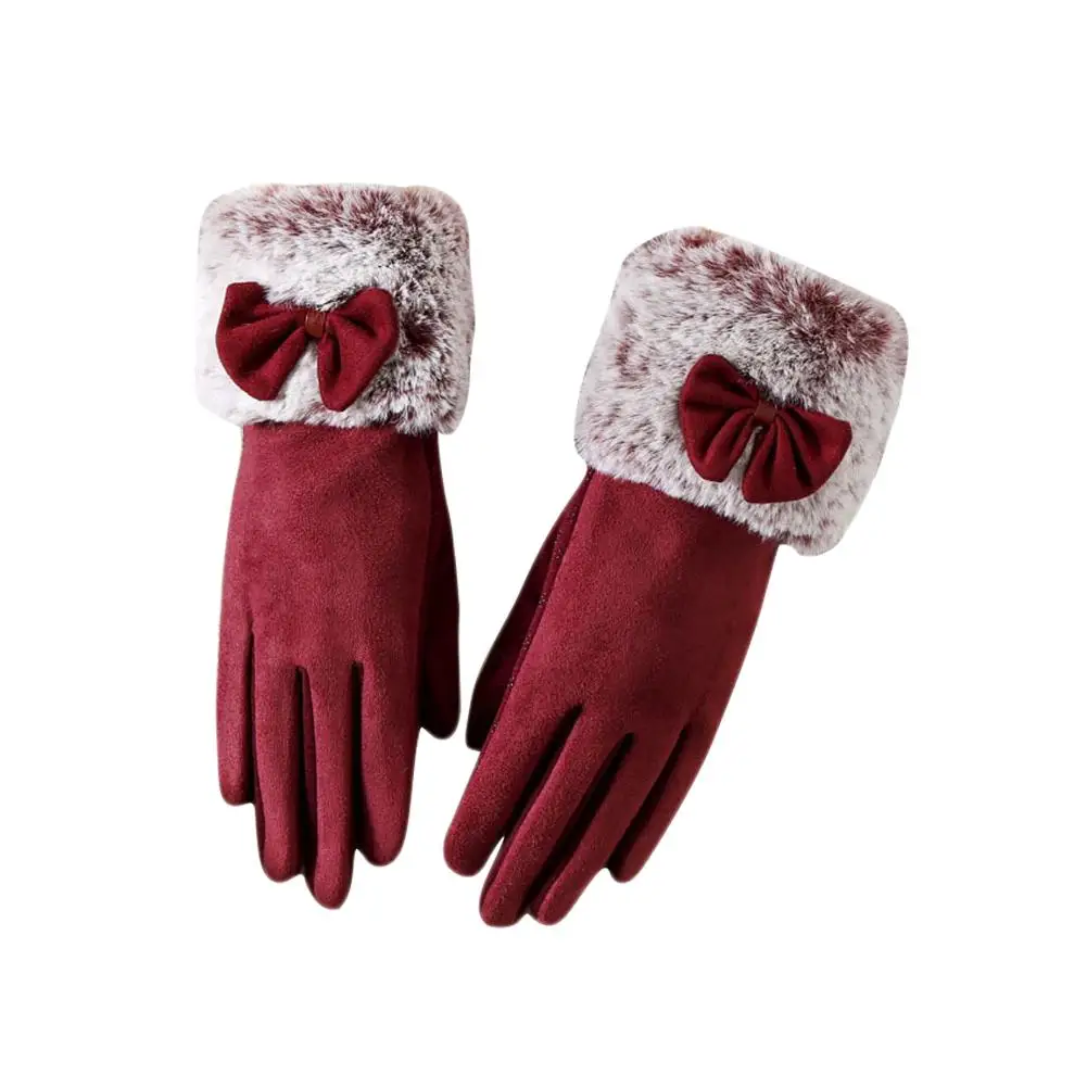

Fashionable Suede Elegant Gloves Winter Warm Driving Soft Wrist Bow Gloves Mittens Guantes Mujer High Quality Touch Screen Glove