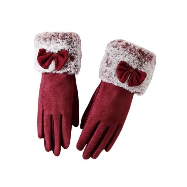 Fashionable Suede Elegant Gloves Winter Warm Driving Soft Wrist Bow Gloves Mittens Guantes Mujer High Quality Touch Screen Glove