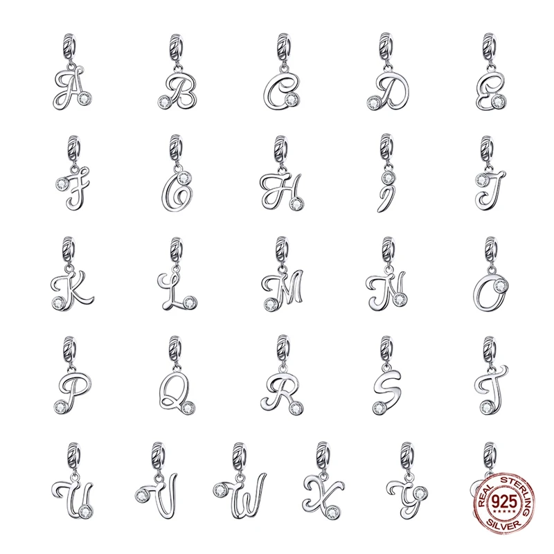 

Real 925 Sterling Silver Alphabet Charms Letter Pendant Clear CZ Fit Bracelet Silver Original DIY Initial Charm