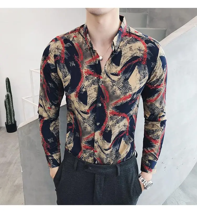 

Blouse Men's clothing Social Shirts Male Slim Fit Casual Shirt Menswear Long sleeve Camisa masculina Korean style Blue Red