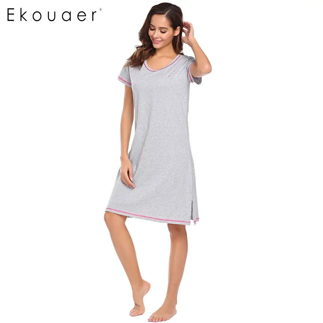 

Ekouaer Summer Cotton Nightgowns Embroidery Lounge Dress O-Neck Solid Short Sleeve Nightdress Sleepwear Female Home Clothing