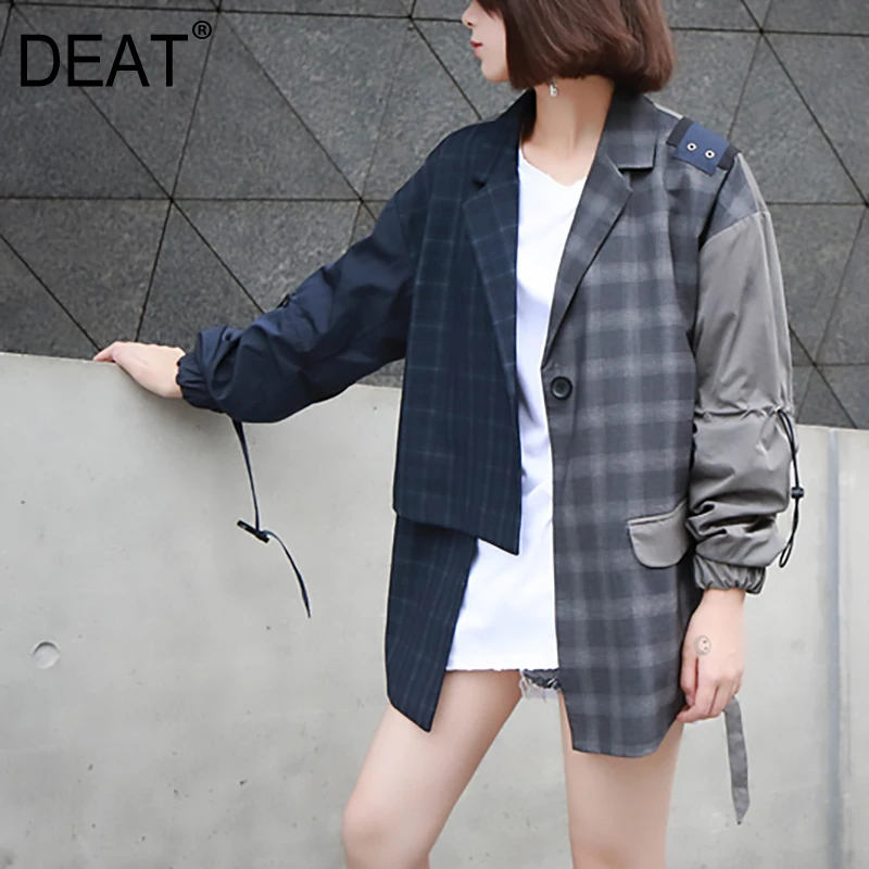 

[DEAT] 2019 New Autumn Winter Lapel Long Sleeve Blue Hit Color Plaid Loose Big Size Irregular Jacket Women Coat Fashion JQ27