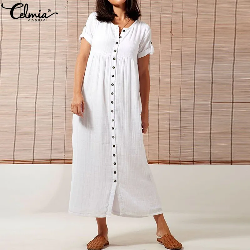 

Celmia Plus Size Women Vintage Dress 2019 Summer Long Dresses Short Sleeve Casual Loose Buttons Solid Party Maxi Vestidos Robe