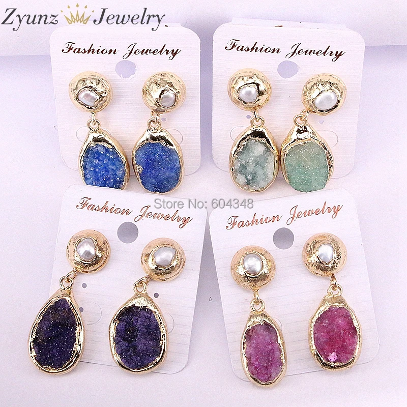 5 пар ZYZ335-6494 блестящие Drusy серьги зеленый черный розовый кристаллический кварц
