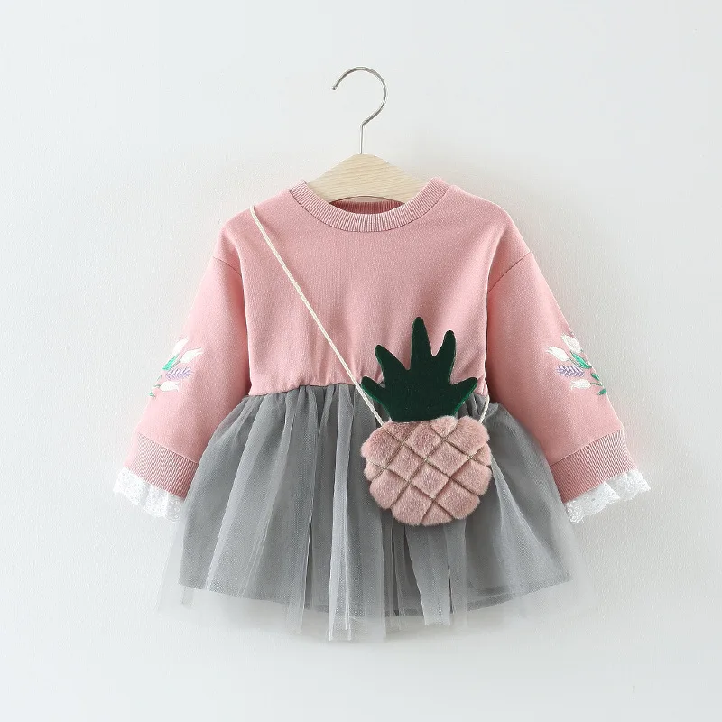 Fashion Spring Autumn 2019 New Women's Clothing Dress Embroidered Pineapple Lace Bag Mesh Dress Cartoon Children's Clothing