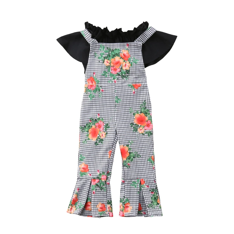 Summer Girls Set Cute Little Girls Clothing Off shoulder Floral Romper Jumpsuits Trousers Toddler Girls Outfit Set Kids Clothes