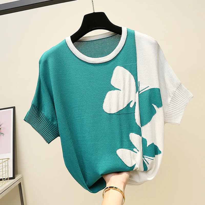 

2019 summer new color matching bat sleeve round neck butterfly female sweater female large size loose ice silk sweater women
