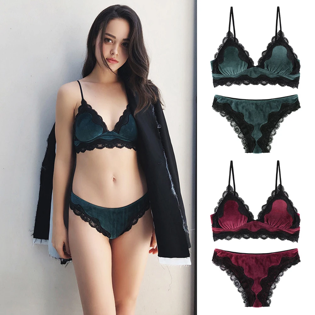 Woman Adjustable Seamless Bra Sexy Thin Bralette Panty Patchwork Style Lingerie Elegant Velvet Lace Solid Underwear Set