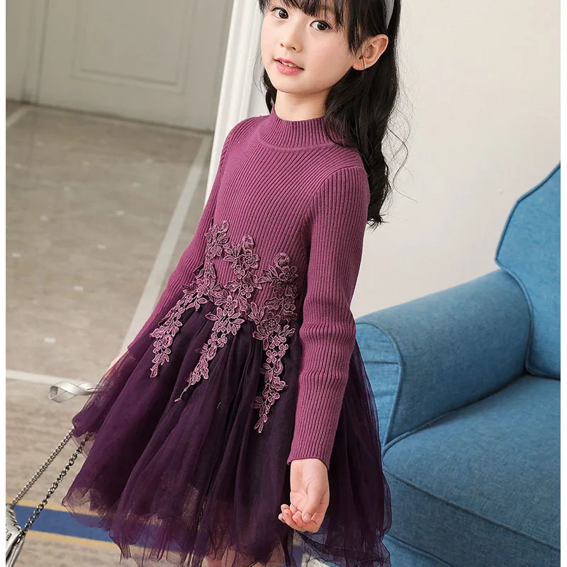 Трикотажное платье-свитер; одежда принцессы; платье для девочек; Цвет фиолетовый, розовый; рождественские детские платья для девочек; одежда на свадьбу; сезон осень-зима
