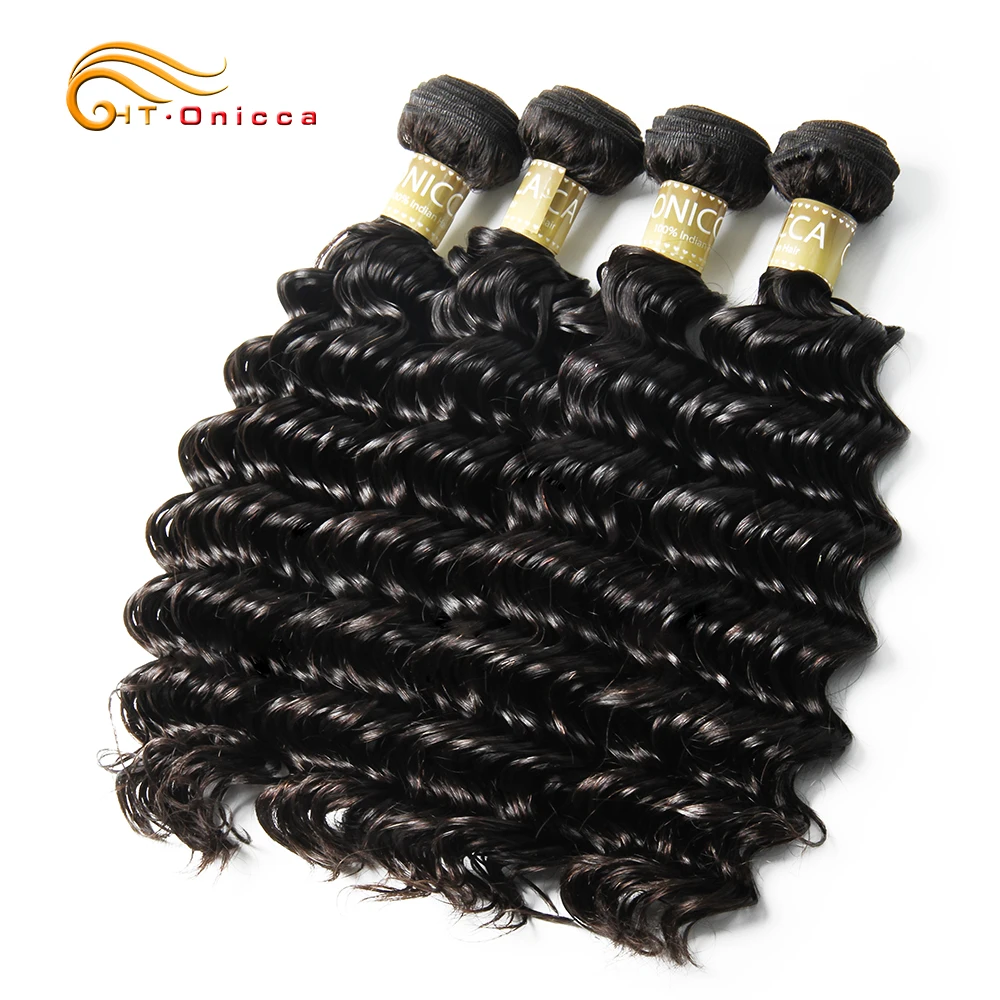 Indian Deep Wave Bundles Human Hair Extensions 1 3 4 Bundle Deals Onicca Non Remy Hair Weave Bundles 8-24 Inches Free Shipping