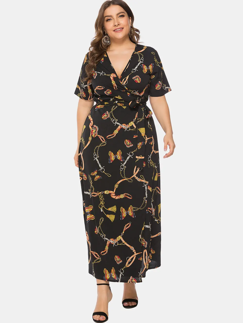 Wipalo женское платье большого размера 6XL с принтом бабочки, длинное платье, повседневное летнее женское платье с глубоким вырезом и поясом, большие размеры Vestidos