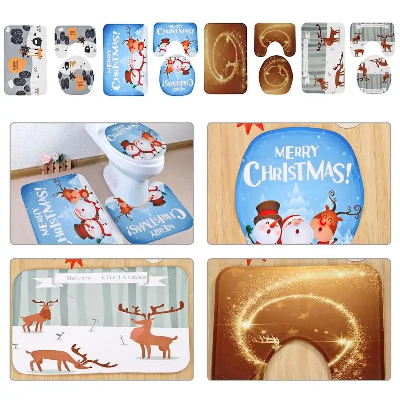 

3 pcs/set Printed Cartoon Christmas Toilet Seat Cover Christmas Decorations Happy Snowman Santa Bathroom Toilet Seat Covers Rug