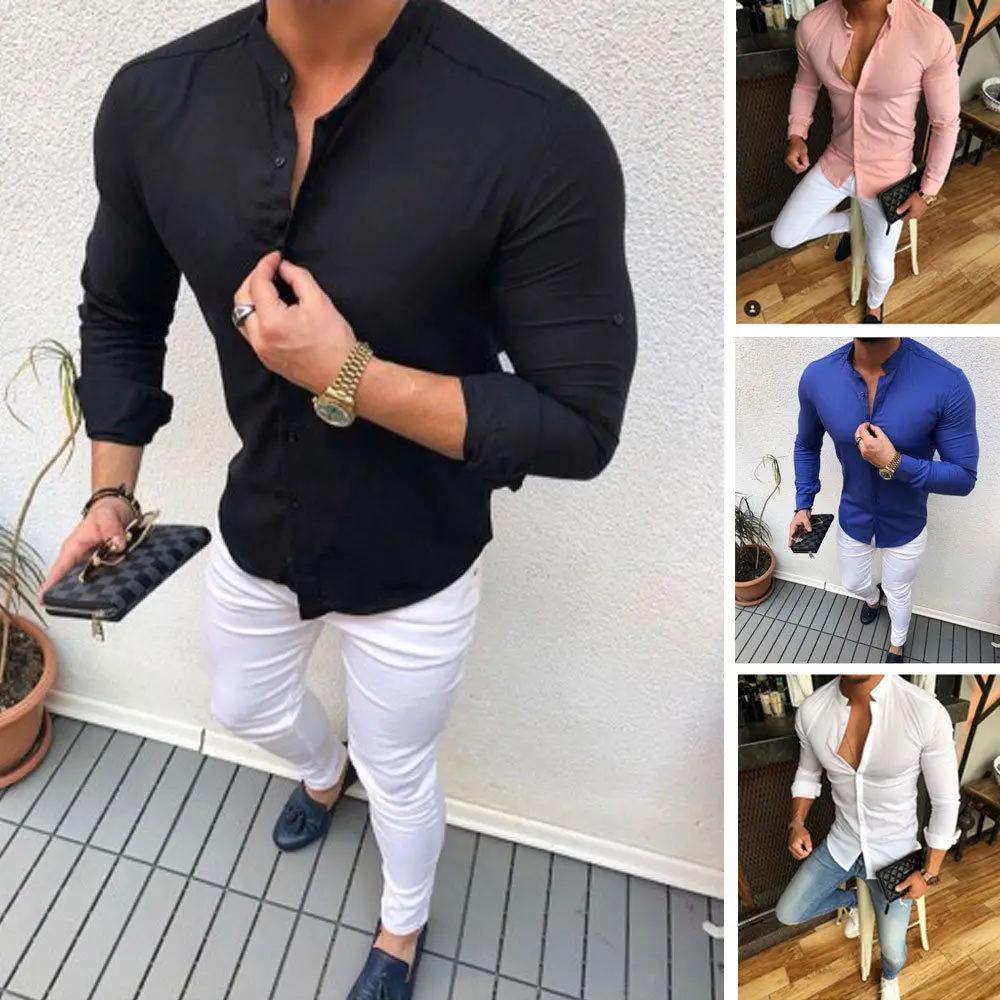 2019 Горячая Для мужчин Slim с v вырезом и длинным рукавом облегающая Однотонная