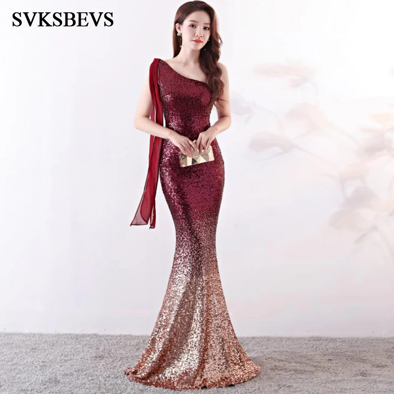 

SVKSBEVS Sexy One Shoulder 2019 Party Sequined Mermaid Long Dresses Elegant Gradient Color Backless Maxi Dress