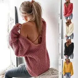 2019 Зимний вязаный свитер для женщин Sexy V образным вырезом спинки свитеры для свободные пуловеры Топы корректирующие карамельный