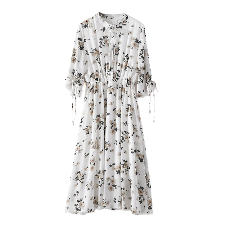 

Casual Floral Print Summer Dresses Female Elegant Party Dress Bow Half Sleeve Chiffon Dress Women Vestidos
