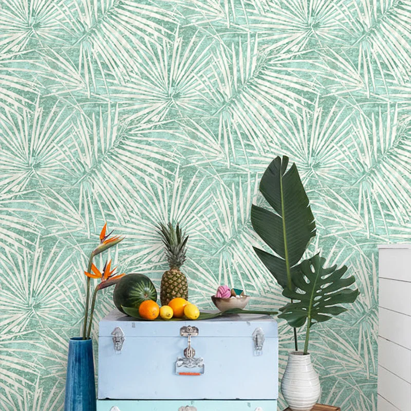 New Nordic Style Rainforest Wall Paper Modern Green Gray Blue Palm Leaf Wallpaper Southeast Asia Tv Background Plant Walls Mural