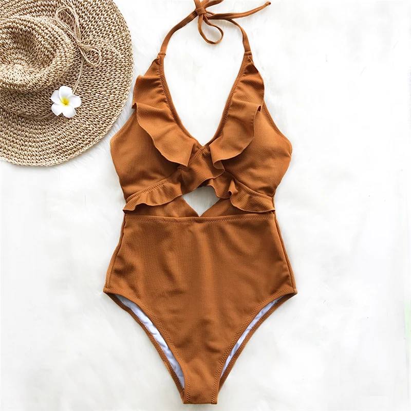 

Women One Piece Swimwear Ruffle Lace Up Swimsuit Padded Monokini Bikini 2019 Ladies Swimsuit Bathing Suit Beachwear Biquini 2XL