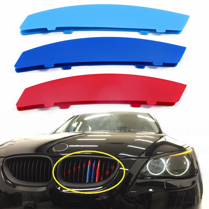 

3pcs 3D M-color Car Grille Sport Insert Trim Cover Strips For BMW 5 Series E60 2004-2010 Auto Front Grille Trims
