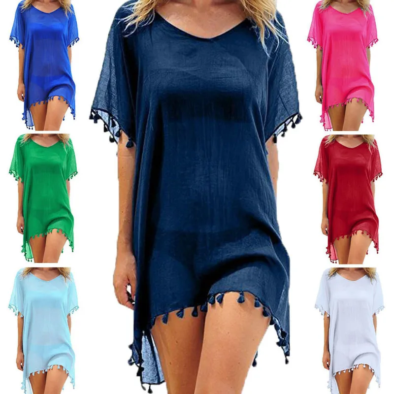 

2019 New Chiffon Tassels Mini Dress Summer Beach Wear Women Cover UpLoose Solid Cover Ups