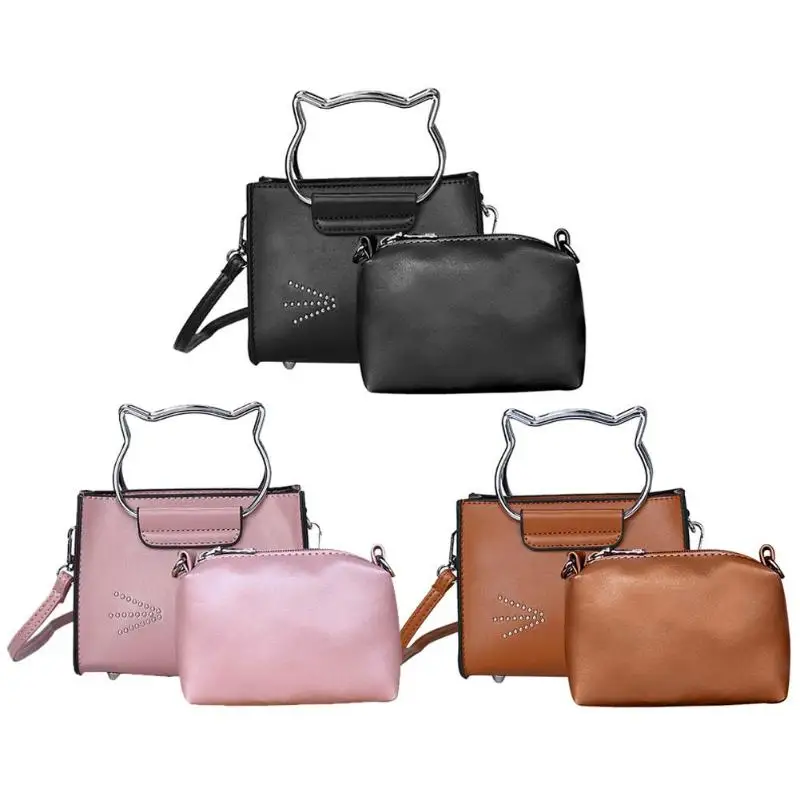 

2pcs Cat Messenger Bag Women PU Shoulder Bags Clutch Composite Handbags Set