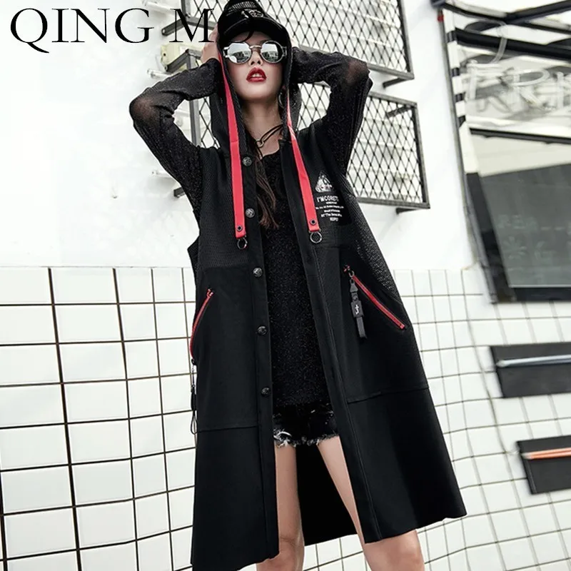 

QING MO Black Sleeveless Vest Women Letter Print Waistcoat Coat 2019 Spring Vest Cardigan Women Long Casual Hooded Vest QF773