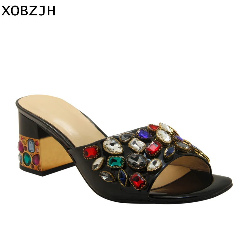 

XOBZJH Women's Shoes 2019 New Rhinestone Black High Heels Peep Toe Sandals Mature Ladies Party Genuine Leather Shoes lager Size