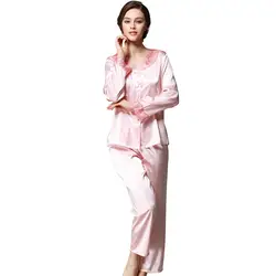 Для Женщин Атлас, искусственный шелк однотонная Пижама комплекты с длинным рукавом отложным воротником карманы комплекты из двух