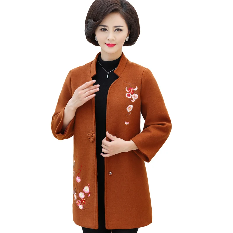

Spring Autumn Middle Aged Women Wool Blend Coat Elegant Floral Embroidery Long Sleeve Woolen Jacket Outwear Plus Size XL-5XL