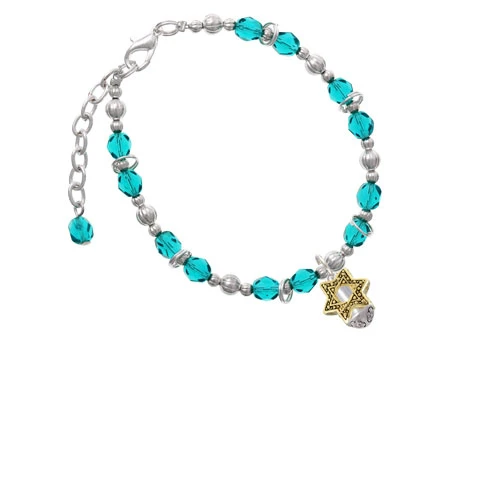 Goldtone Star of David Spinner Teal Beaded Bracelet |