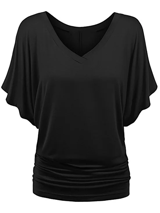 

Wipalo Women V Neck Plus Size 5XL Ruched T-Shirt V Neck Short Batwing Sleeves Solid Loose Casual Tees Big Size Ladies Summer Top