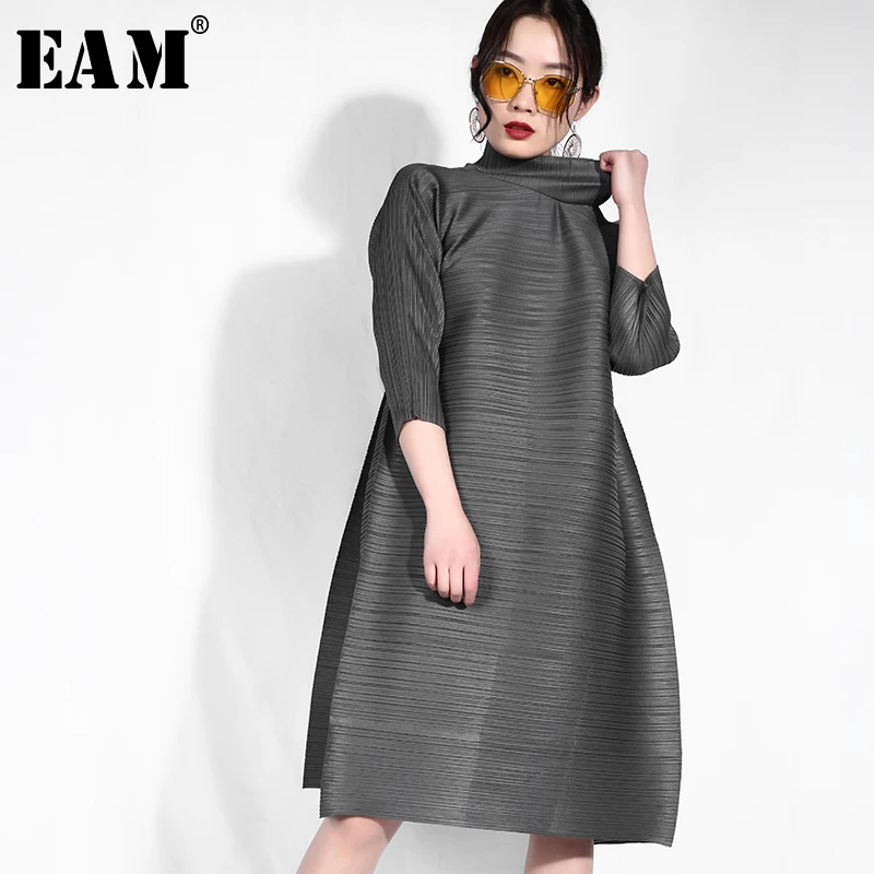 

[EAM] 2019 New Spring Summer High Collar Tree-quarert Sleeve Gray Three-dimensional Pleated Dress Women Fashion Tide EB015