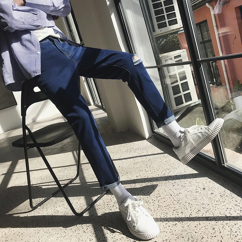 2019 verano hombres nuevos agujeros decoran los pantalones elásticos delgados de ajuste Casual Skinny tendencia Jeans Color pantalones grandes tamaño|Pantalones vaqueros| - AliExpress