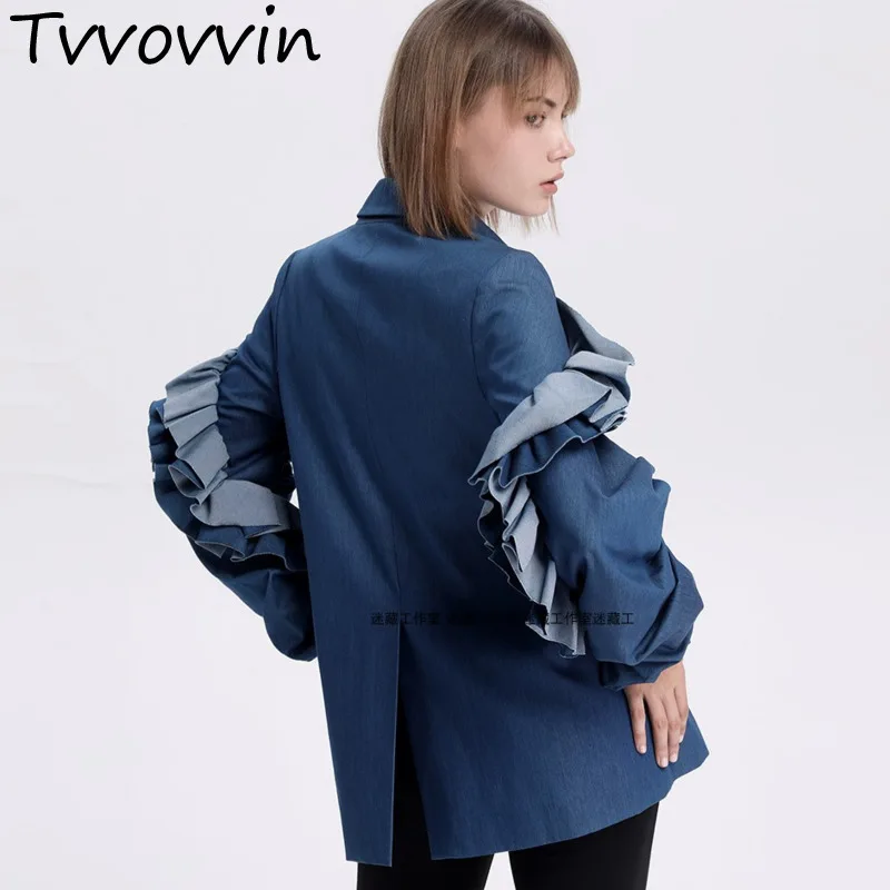 

TVVOVVIN 2019 New Spring And Summer Women Clothig Lotus Leaf Denim Ruffles Double Breasted Short Jacket Female E214