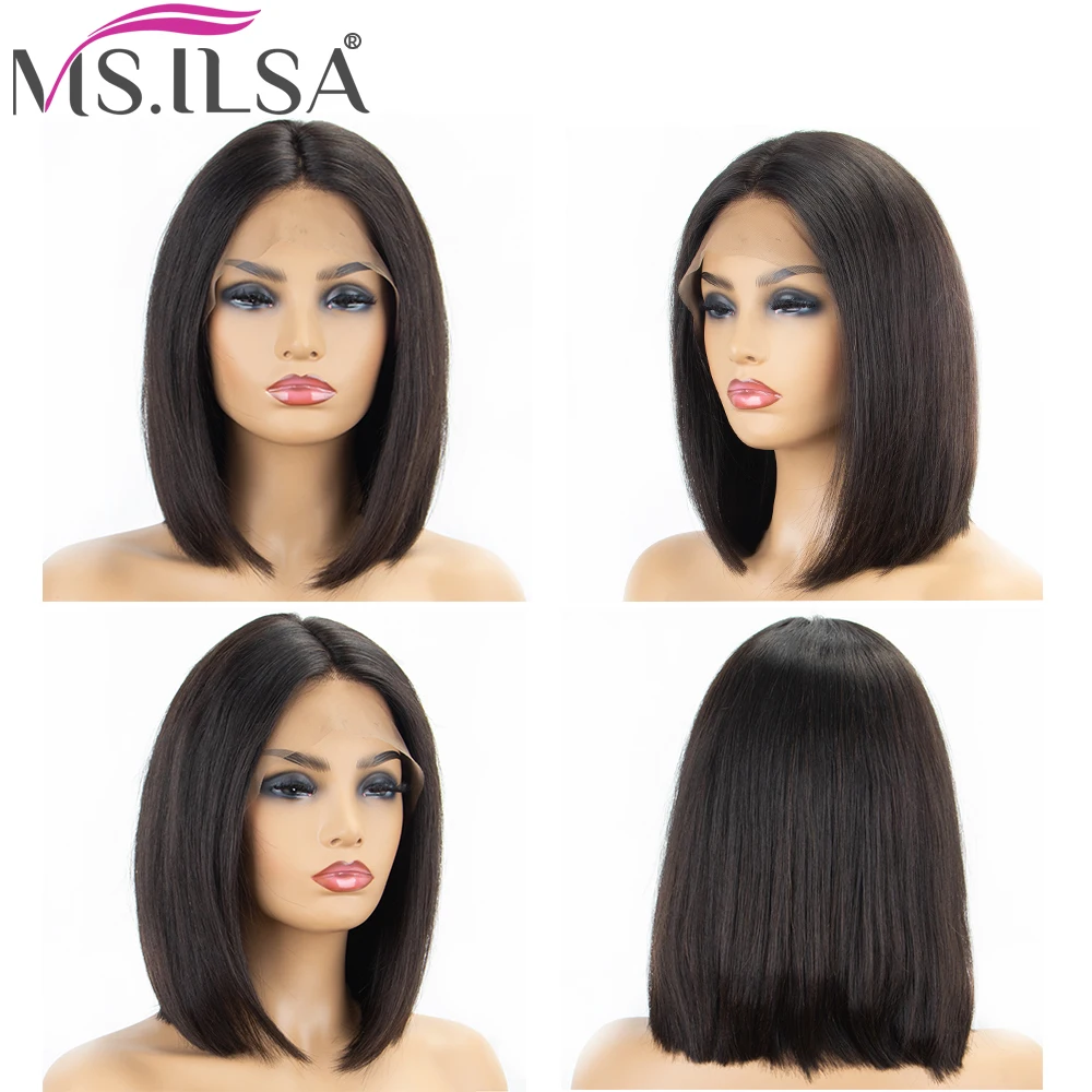 

Short Bob Lace Front Wigs Human Hair Wigs for women 4 Inch Straight Brazilian Remy Hair Lace Wigs Middle Part Full End MS.ILSA